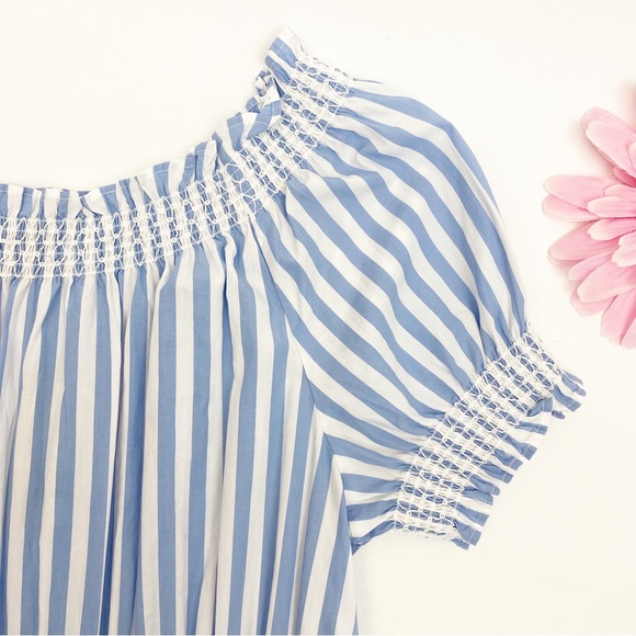 J. Crew Smocked Puff Sleeve Cotton Poplin Dress: Blue White Stripe Nautical - Picture 6 of 14